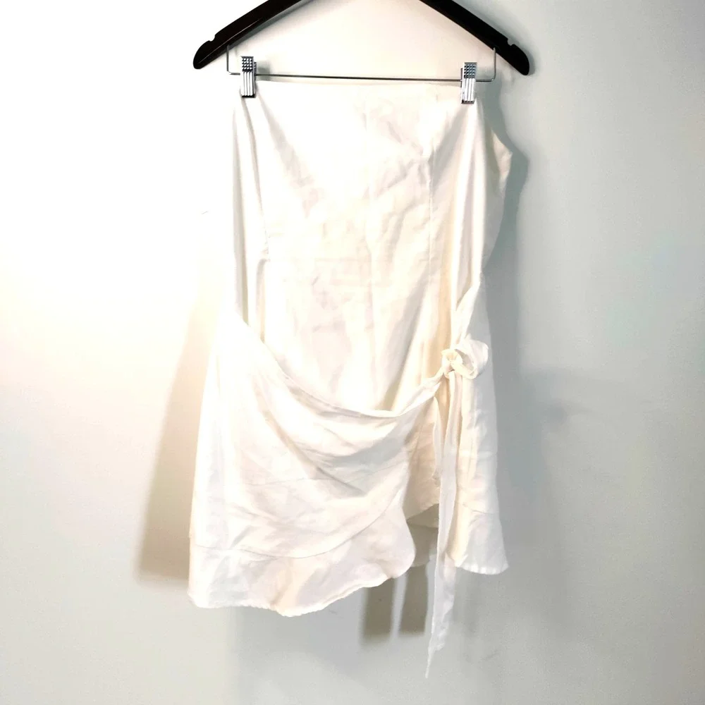 Strapless LINEN‎ Faux Wrap Side Tie Ivory Sexy Party Resort Wedding Y2K Dress 12